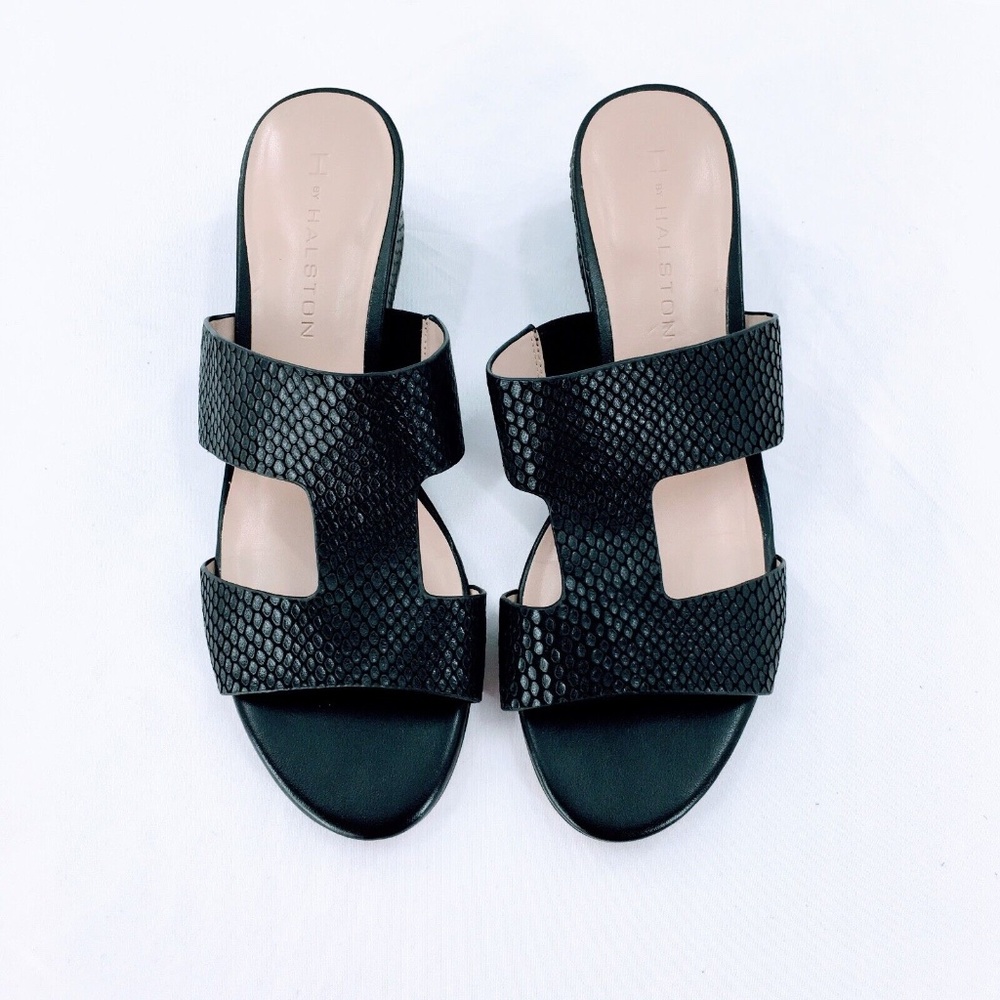 H by Halston Leather Wedge Sandal Black Snake Embossed Slide On Cut Out Sz 7.5 - Picture 5 of 12
